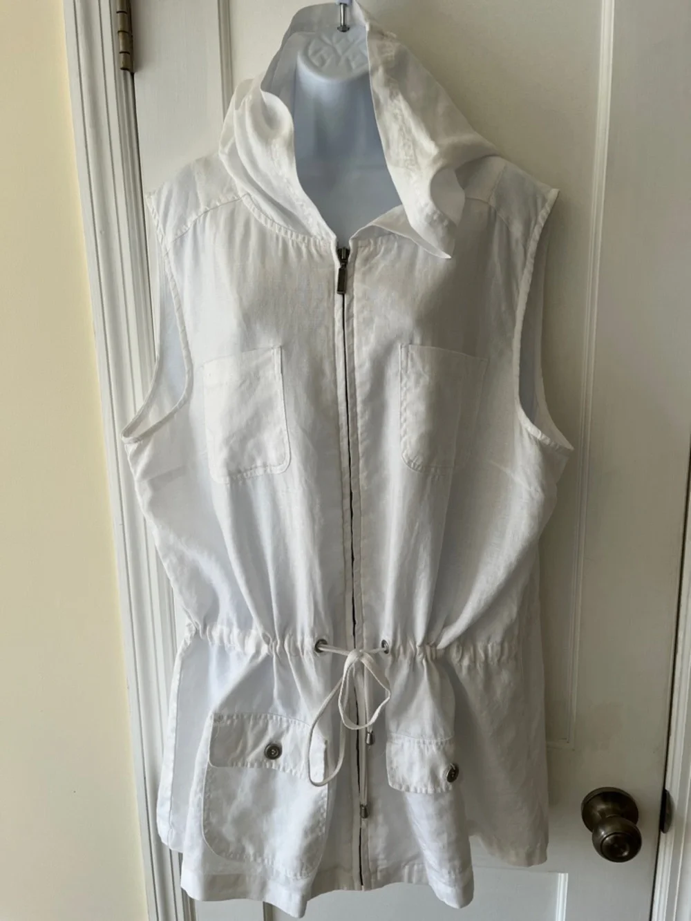 Linen Sleeveless Hooded Utility Jacket Swim Cover White Womens 1X Beachy Coastal